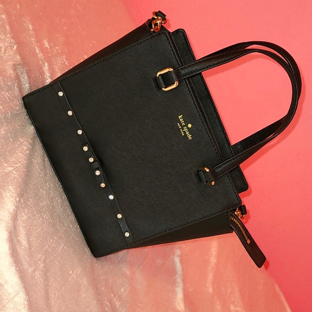 Kate Spade Laurel Way Satchel/Crossbody, Black Saffiano Leather, Jeweled…
